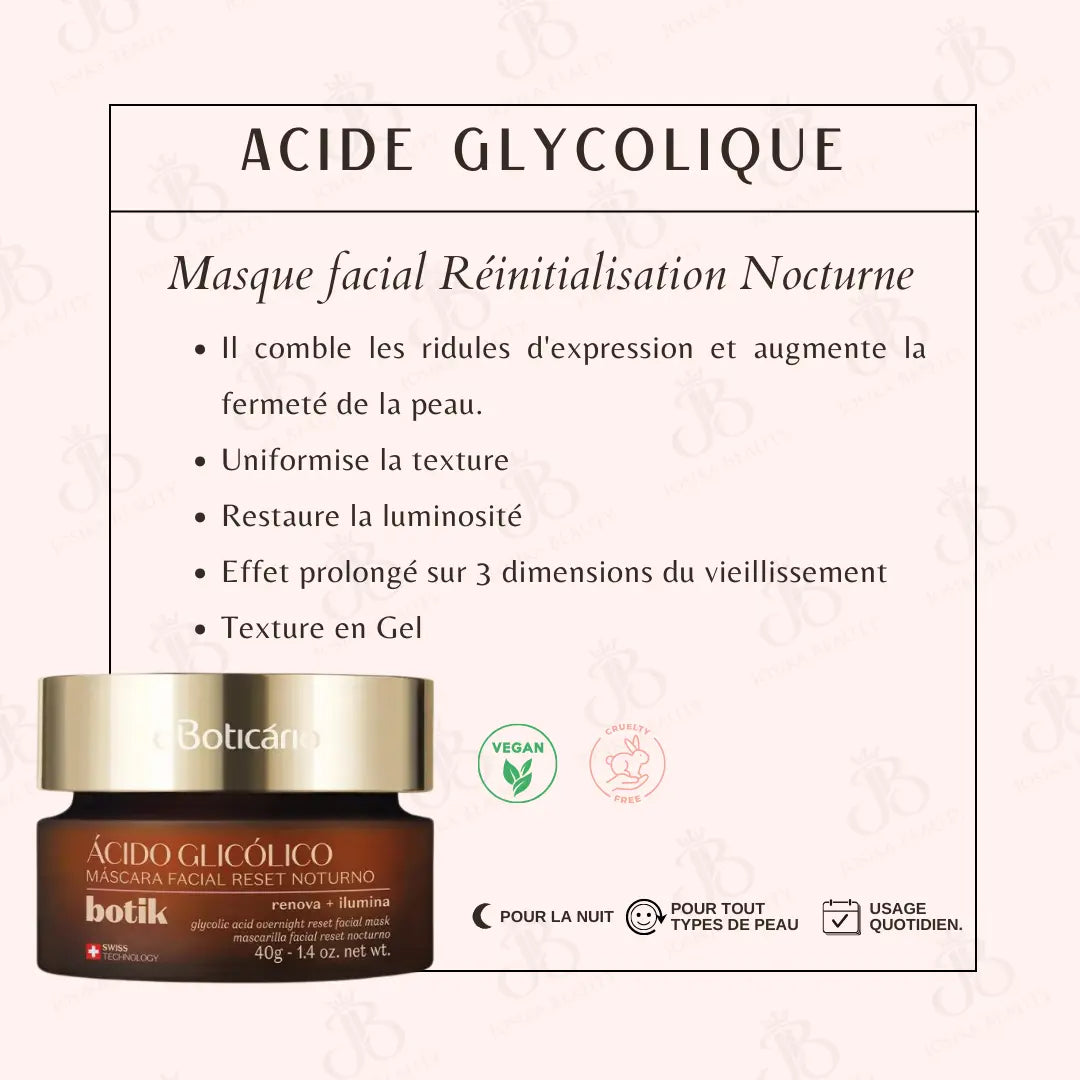 Botik Masque Facial de Réinitialisation de Nuit à l'Acide Glycolique 40g JosikaBeauty